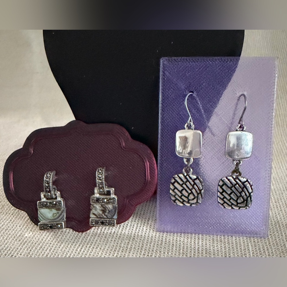 Silver Tone Dangle Earrings Set with Smoky and Textured Accents